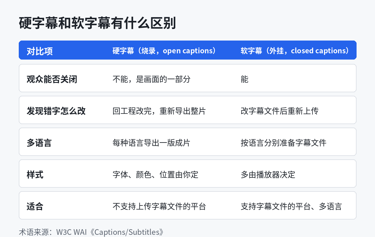 硬字幕和软字幕区别对照示意图:能否关闭、改错方式、多语言、样式和适合场景