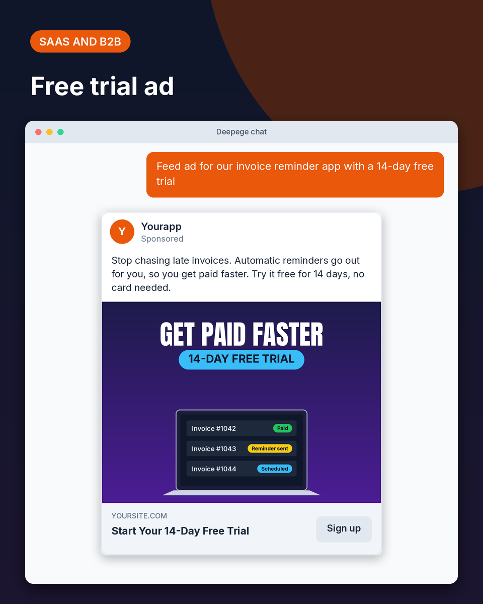SaaS example: a sponsored feed ad for invoice reminder software offering a 14-day free trial