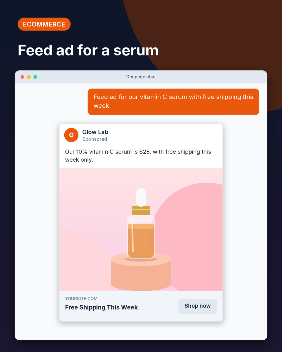 Ecommerce example: a sponsored feed ad for a 30 ml vitamin C serum with a Shop now button