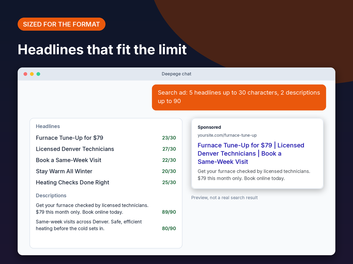 Mockup: search ad headlines with character counts under 30 and a description under 90 characters