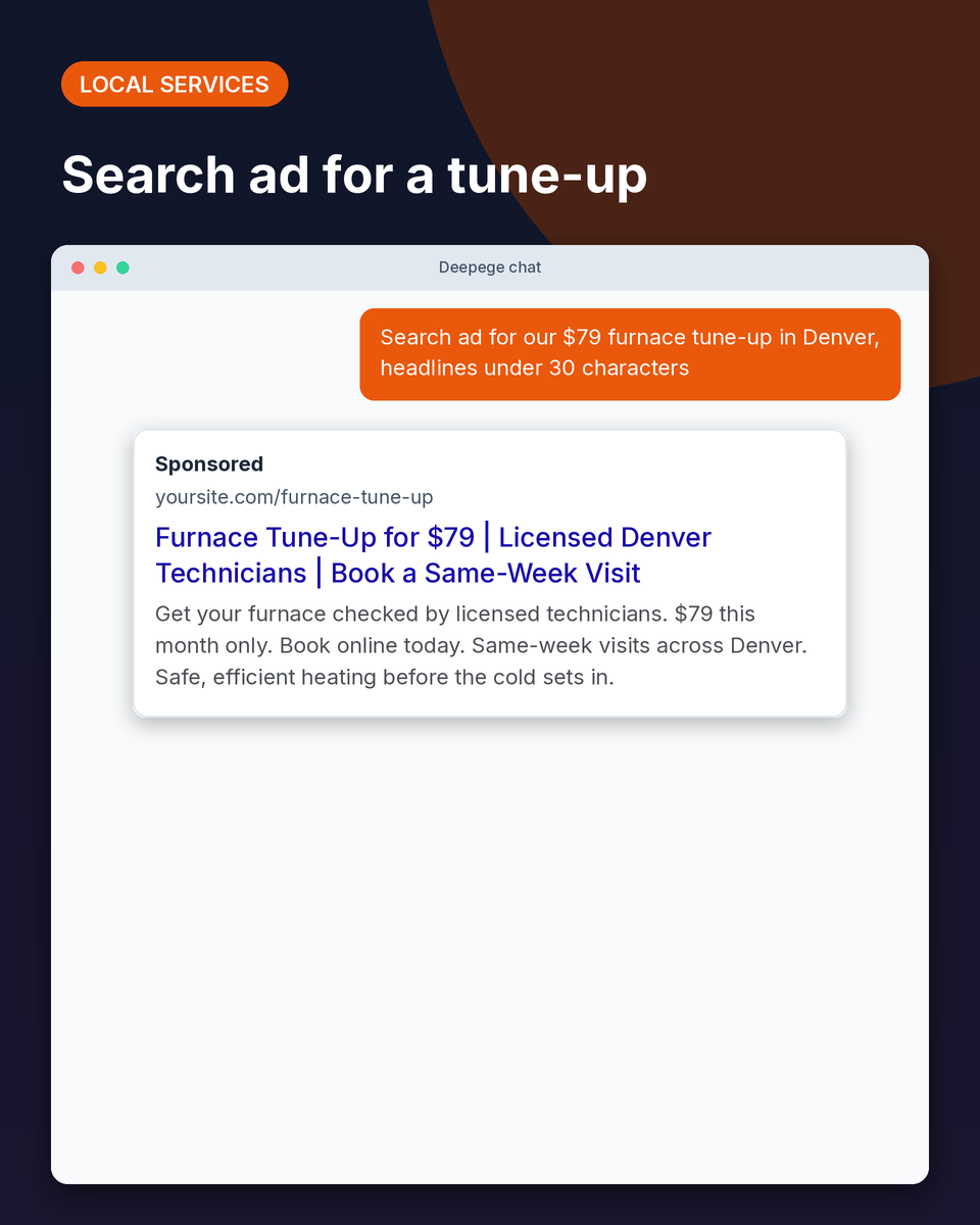 Local service example: a search ad for a $79 furnace tune-up with two headlines and a description