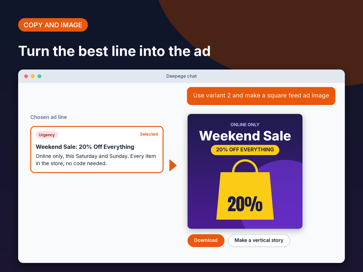 Mockup: the chosen weekend sale ad line turned into a square ad image in the same chat