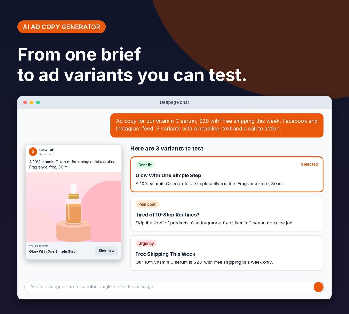 Deepege chat mockup: an ad copy request for a vitamin C serum and three ad variants, each with a different angle