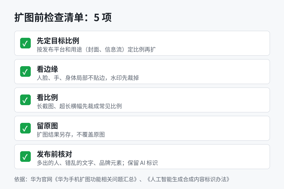 AI扩图前检查清单示意图:先定目标比例、人脸和水印不贴边、长截图先裁成常见比例、保留原图、发布前核对并保留AI标识