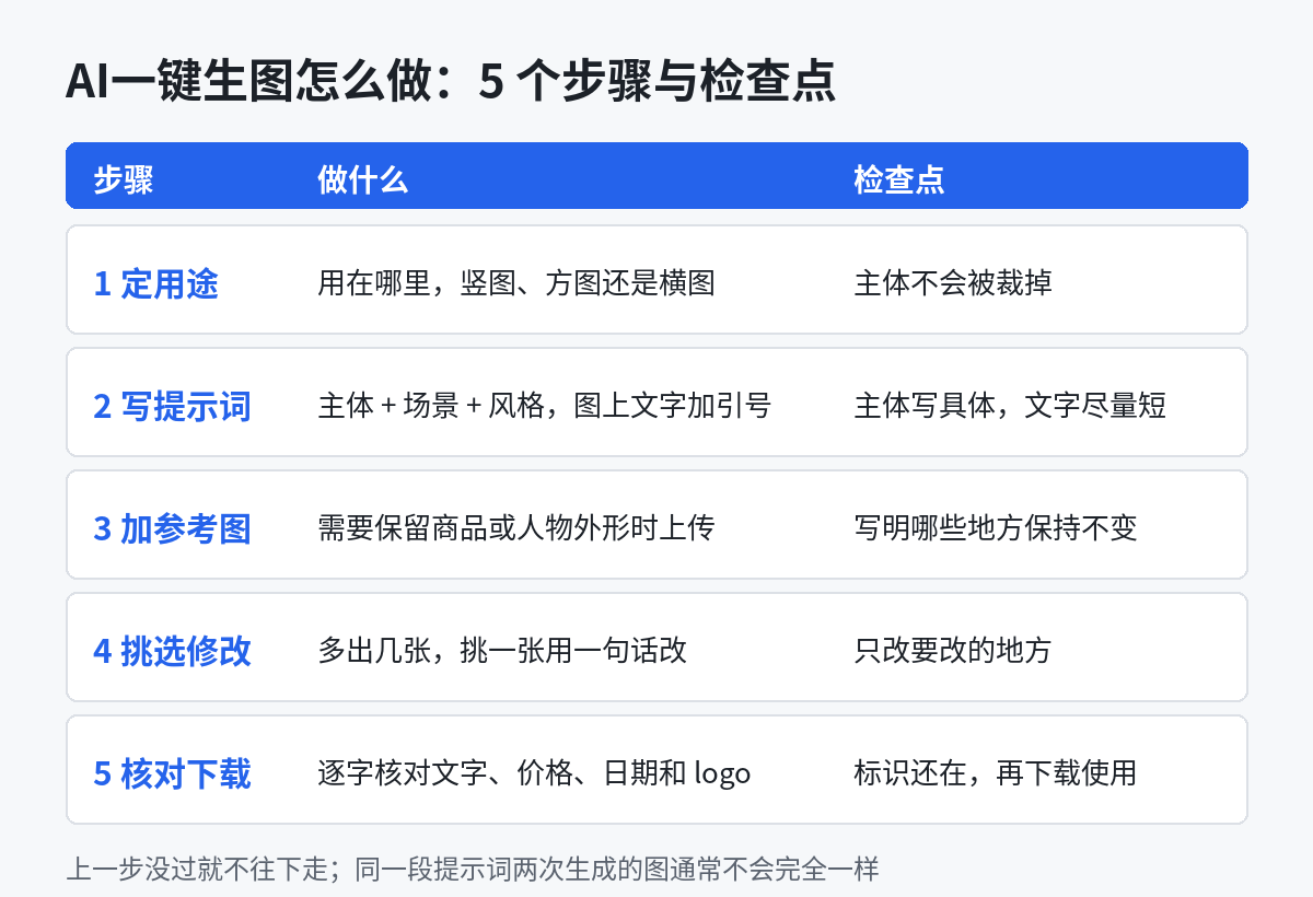 AI一键生图5个步骤流程示意图：定用途和尺寸、写提示词、加参考图、生成挑选并修改、核对后下载