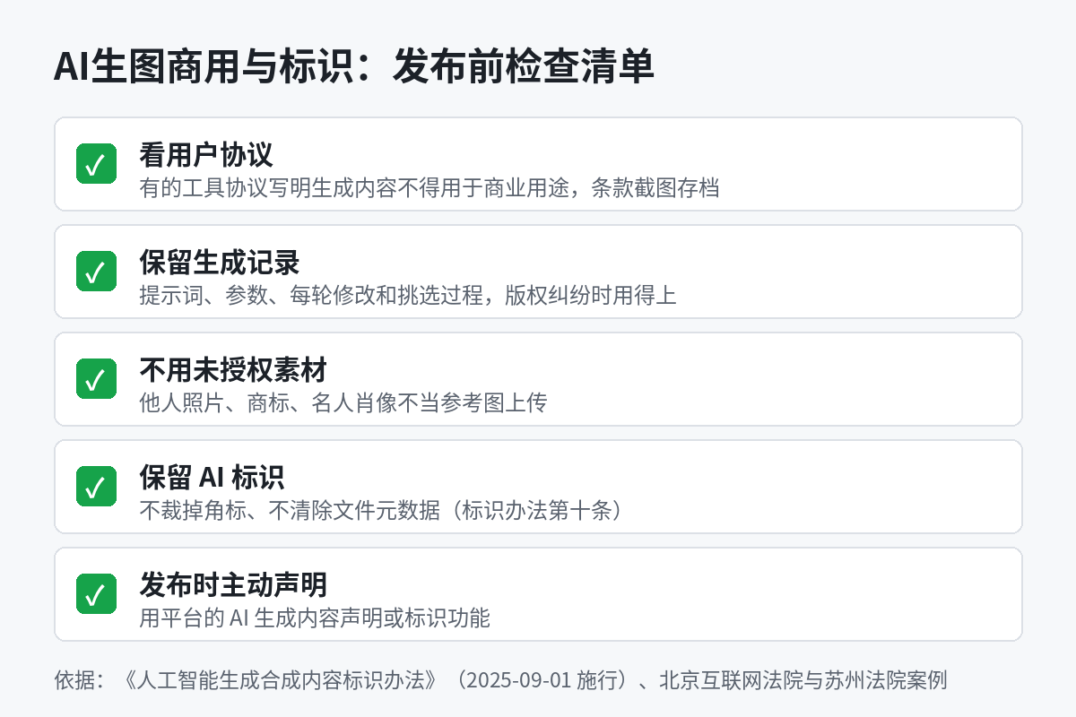 AI生图商用前检查清单示意图：看用户协议、保留生成记录、不用未授权素材、保留AI标识并在发布时声明