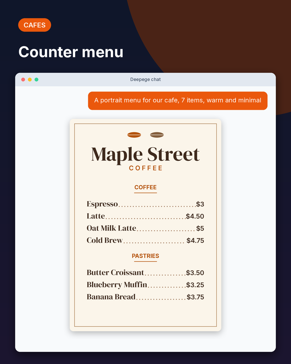 Cafe example: a portrait menu for Maple Street Coffee with coffee and pastry sections and prices