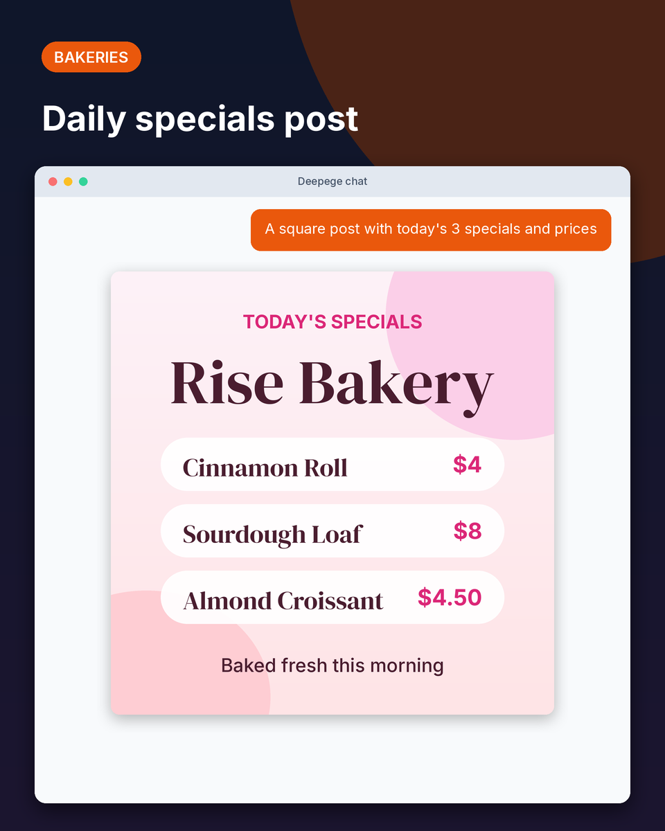 Bakery example: a square social post with three daily specials and prices for Rise Bakery