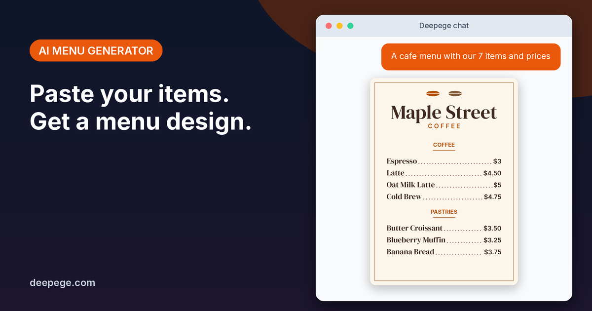 Deepege chat mockup: a request for a cafe menu with items and prices, and the finished portrait menu design
