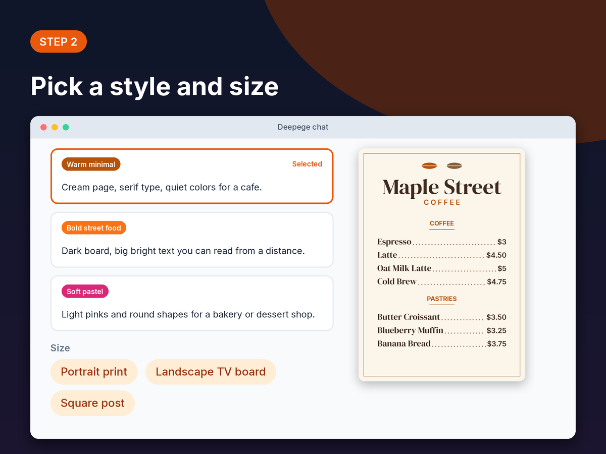 Step 2 mockup: choosing a menu style and size, such as warm minimal, bold street food or soft pastel