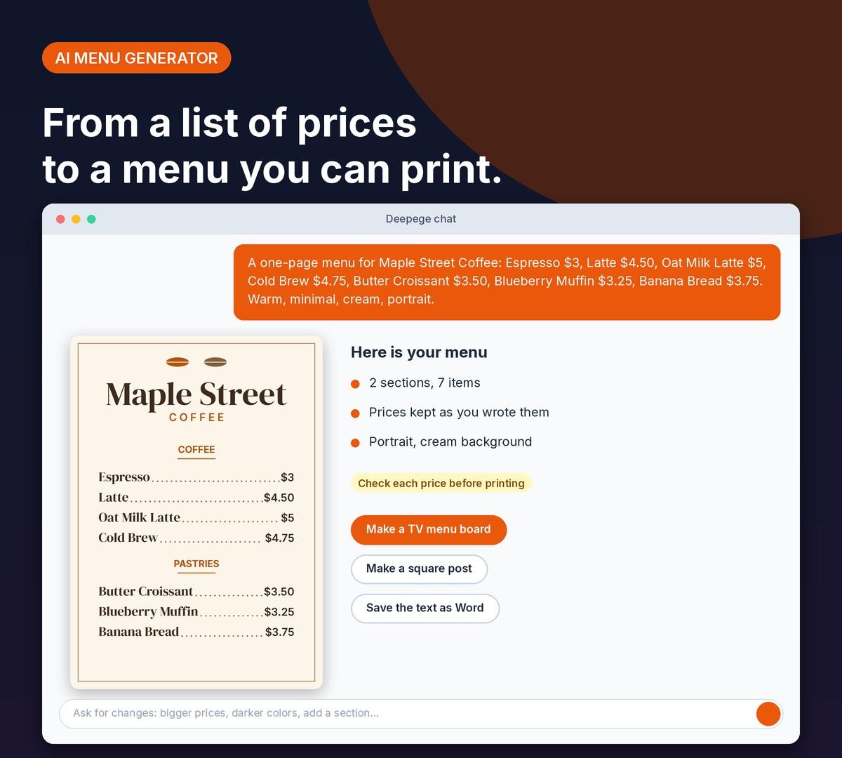 Deepege chat mockup: a cafe menu request with seven items and prices, and a cream portrait menu with coffee and pastries