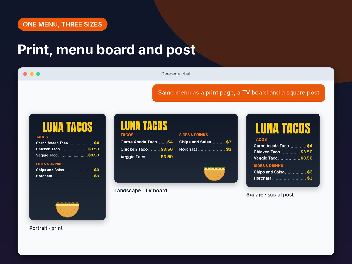 Mockup: the same taco menu as a portrait print menu, a landscape TV menu board and a square social post