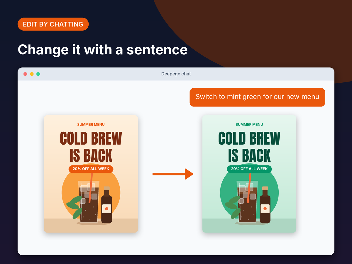 Mockup: an orange cold brew poster changed to mint green after a one-line edit request in chat
