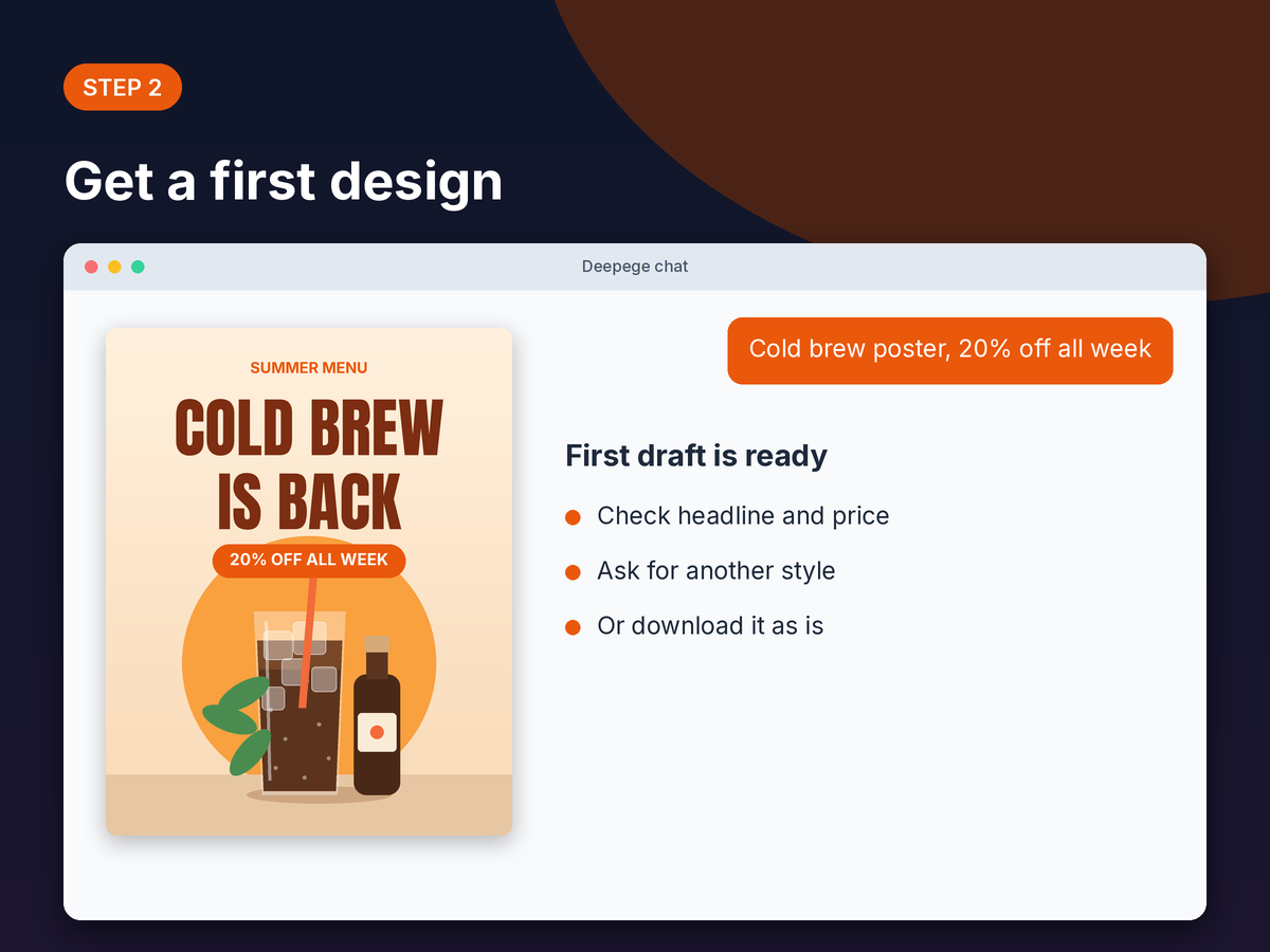 Step 2 mockup: the first cold brew poster draft returned in chat with tips to check text and try styles