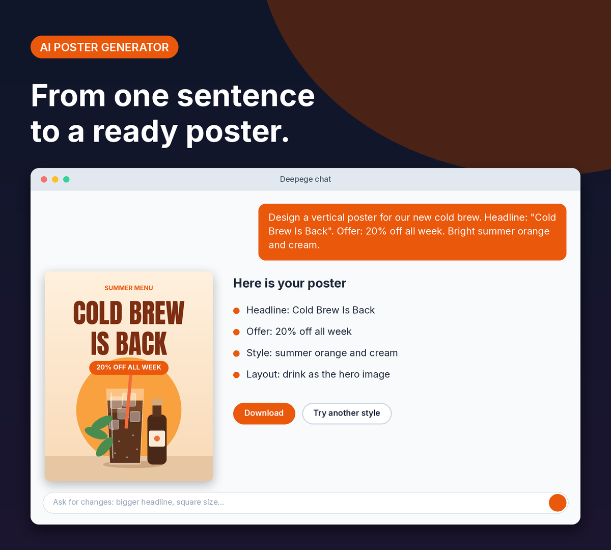 Deepege chat mockup: a cold brew poster brief and the finished Cold Brew Is Back poster with headline and offer