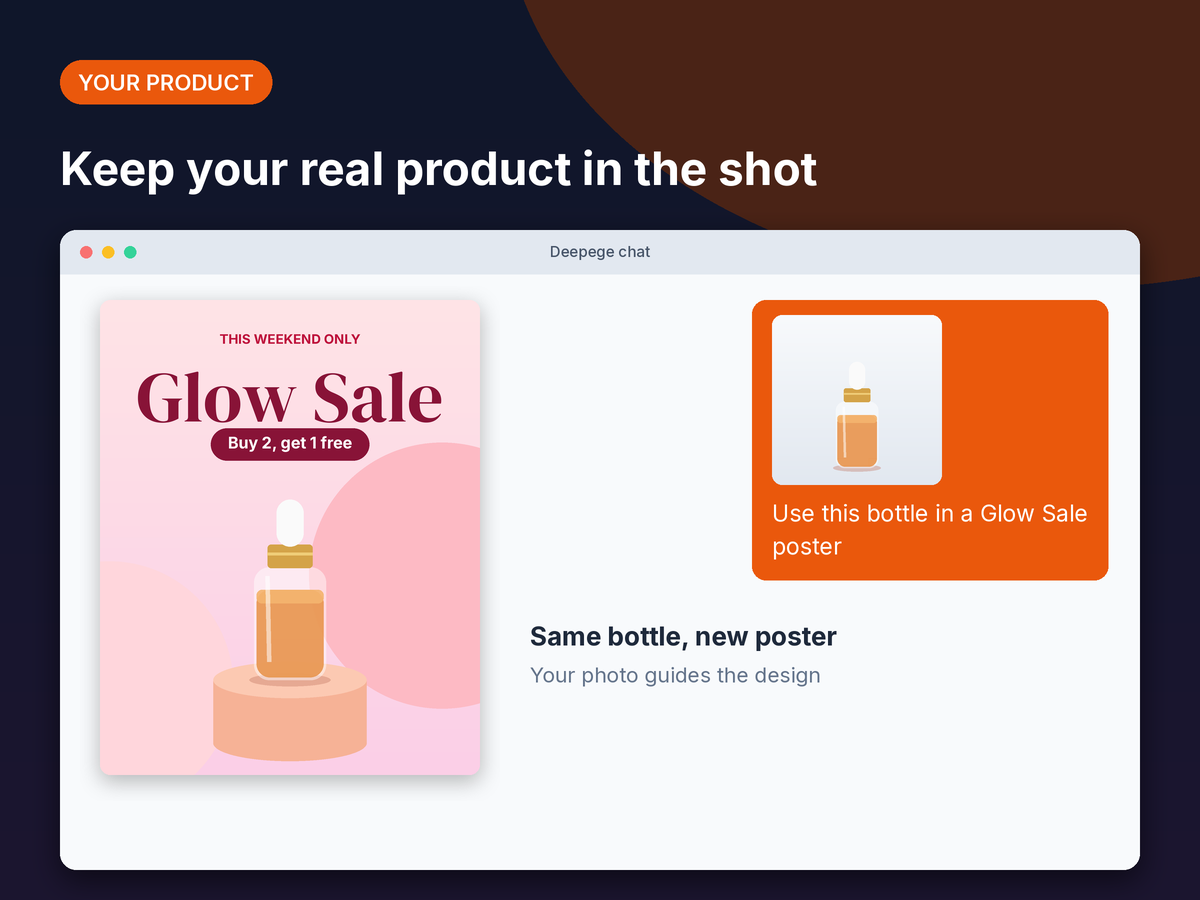 Mockup: a product photo of a serum bottle attached in chat and the Glow Sale poster built around it