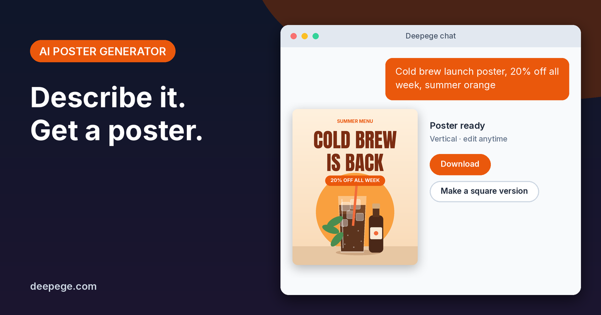 Deepege chat mockup: a one-line cold brew brief turned into an orange summer poster with a Download button