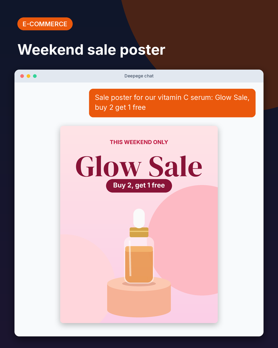 E-commerce example: a pink Glow Sale poster for a vitamin C serum with a buy 2 get 1 free offer