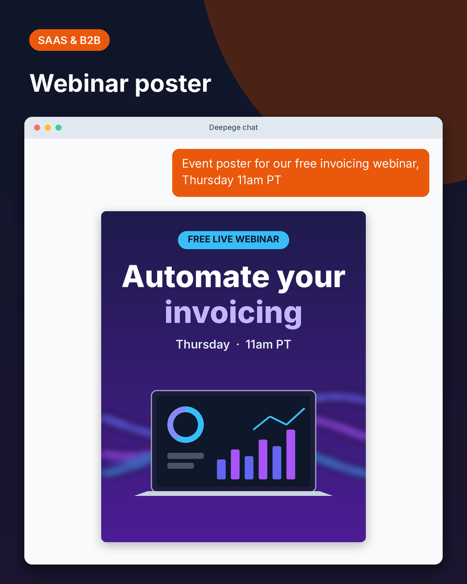 SaaS example: an indigo webinar poster reading Automate your invoicing, Thursday 11am PT