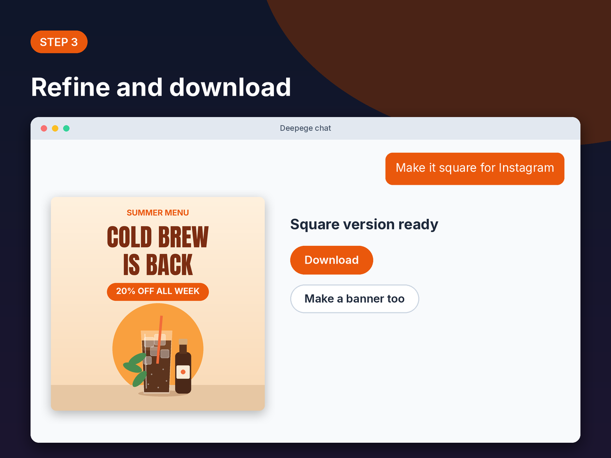 Step 3 mockup: a square Instagram version of the poster with Download and Make a banner buttons