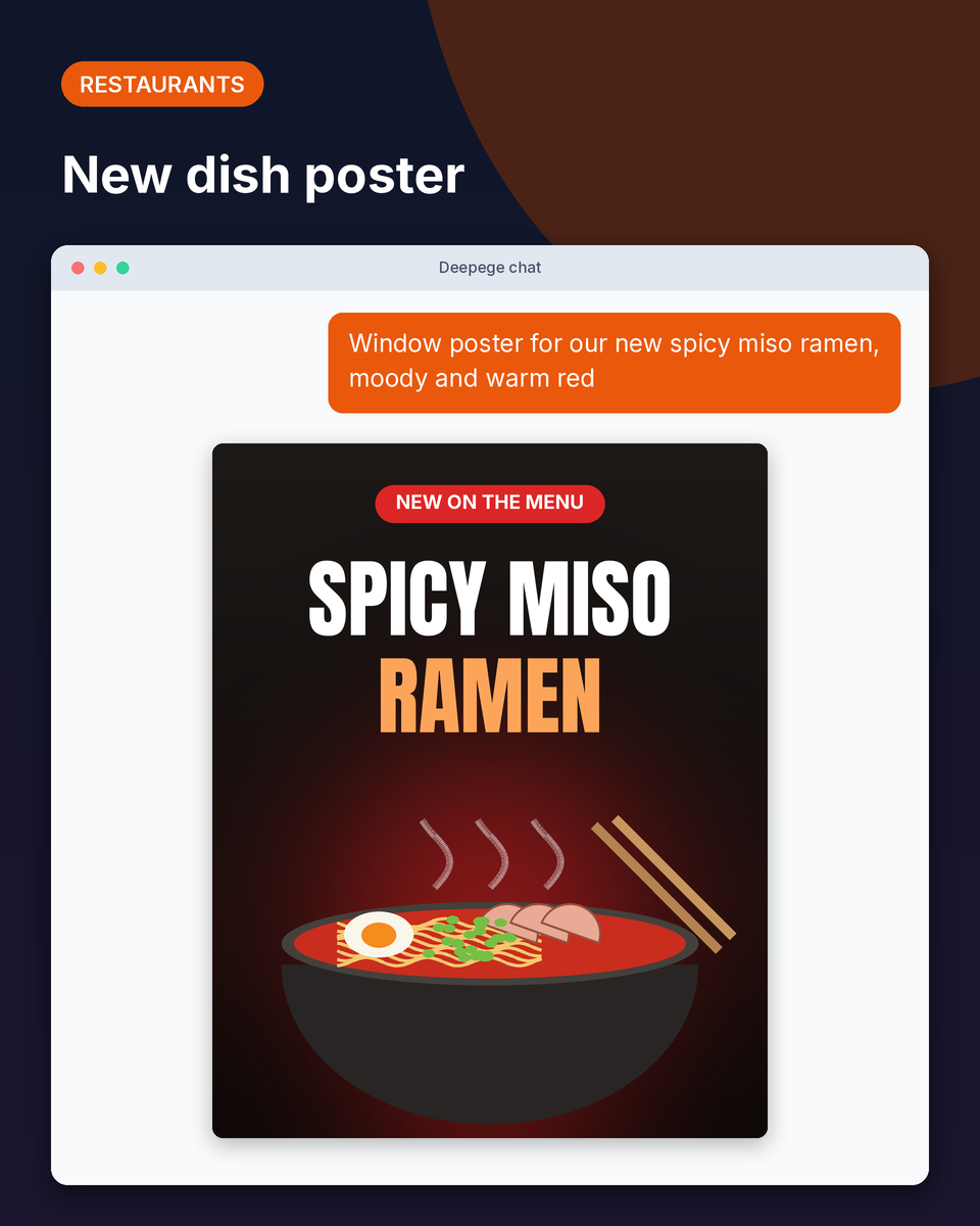 Restaurant example: a moody spicy miso ramen poster generated from a one-line request