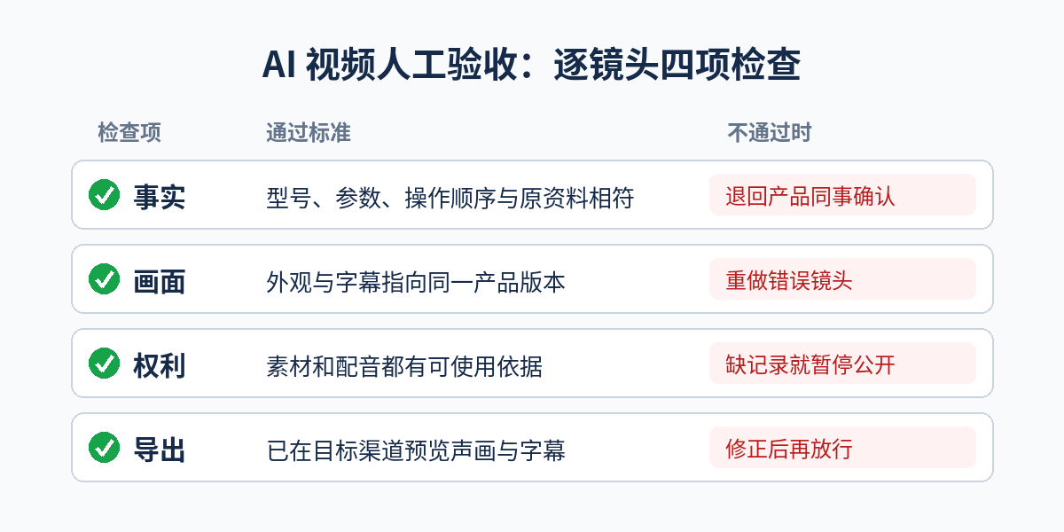 AI 视频人工验收逐镜头四项检查:事实、画面、权利、导出