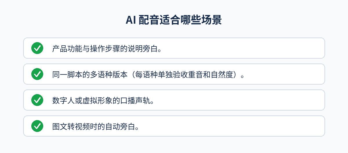 AI配音适合哪些场景:产品功能与操作步骤的说明旁白、同一脚本的多语种版本、数字人或虚拟形象的口播声轨、图文转视频时的自动旁白