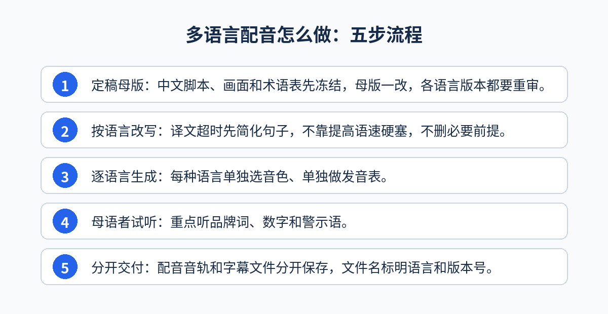 多语言配音怎么做:定稿母版脚本和术语表、按目标语言改写并控制时长、逐语言生成配音、母语者试听、配音和字幕分开交付五步流程图