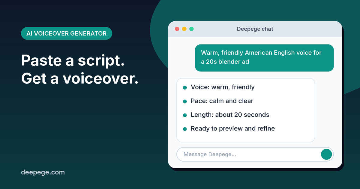 Deepege chat mockup: a 20-second ad script turned into a warm American English AI voiceover with waveform