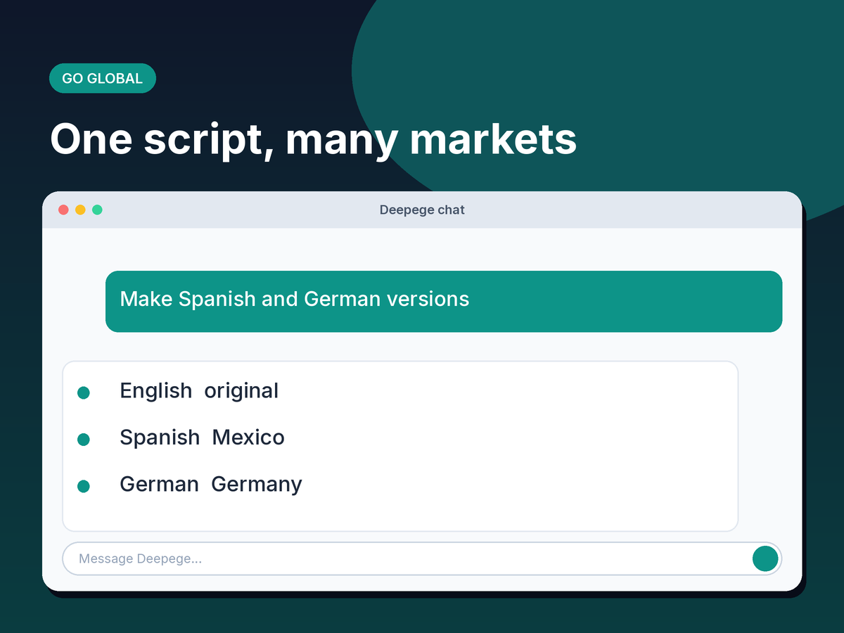 Mockup of one script producing English, Spanish and German voiceover versions