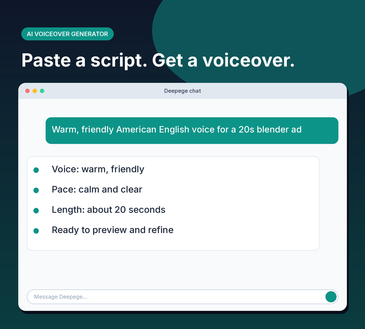 Deepege chat mockup: a 20-second ad script turned into a warm American English AI voiceover with waveform