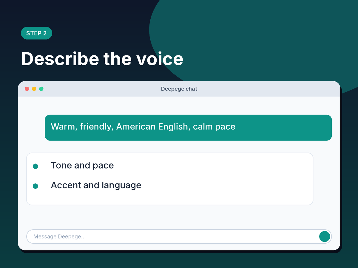 Step 2 mockup: describing tone, pace and accent for the voiceover