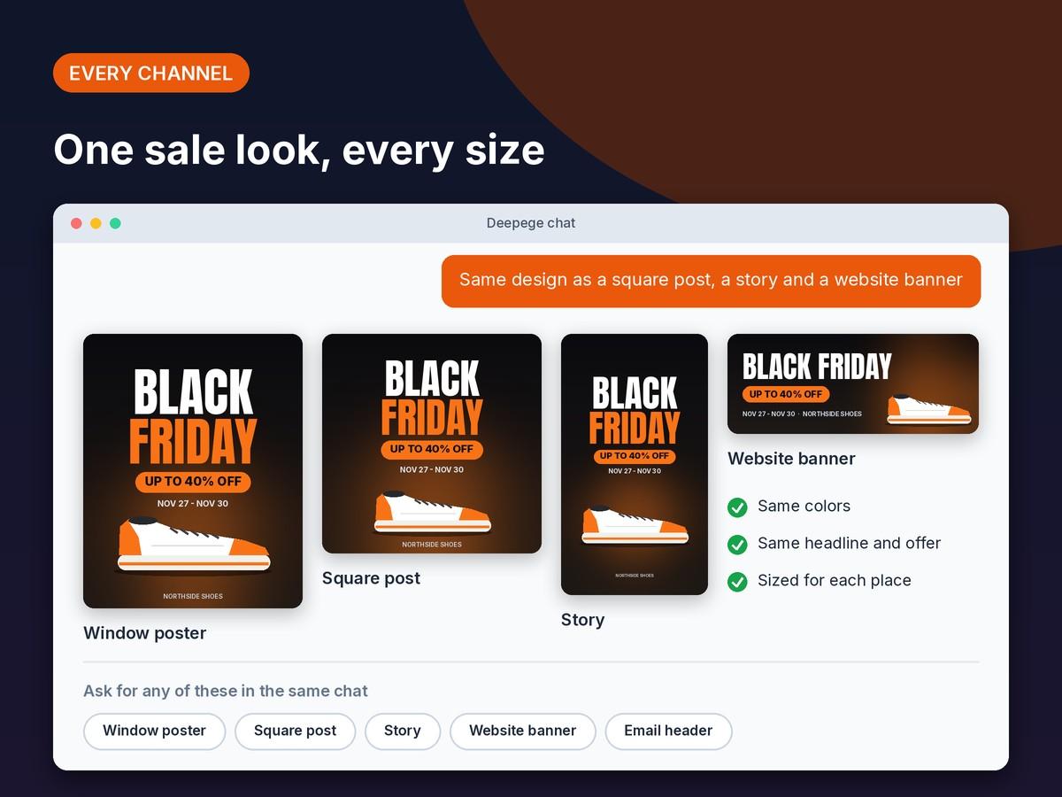 Mockup: one Black Friday design as a vertical poster, a square post, a story and a wide website banner