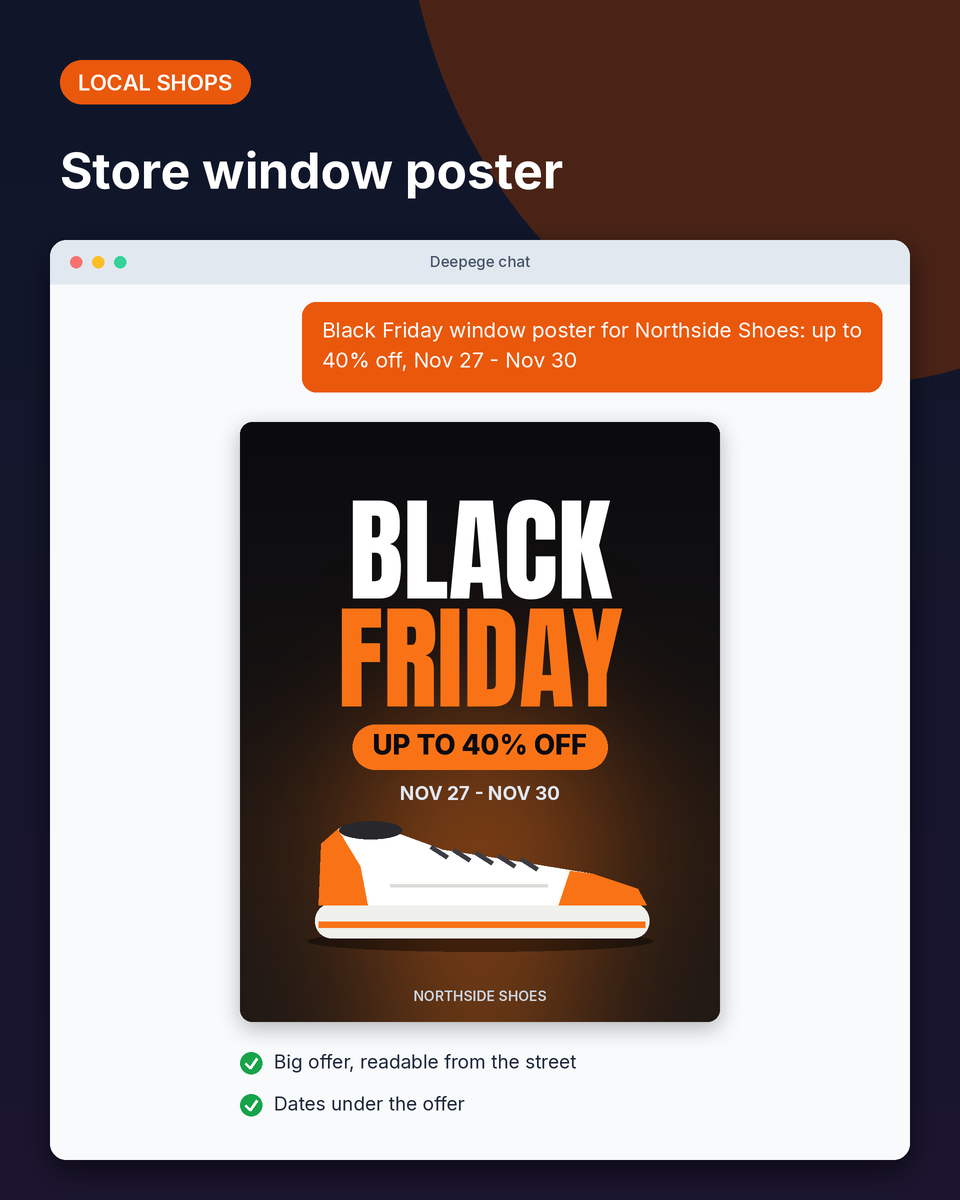 Store example: a vertical Black Friday window poster for a shoe store with up to 40% off and the sale dates