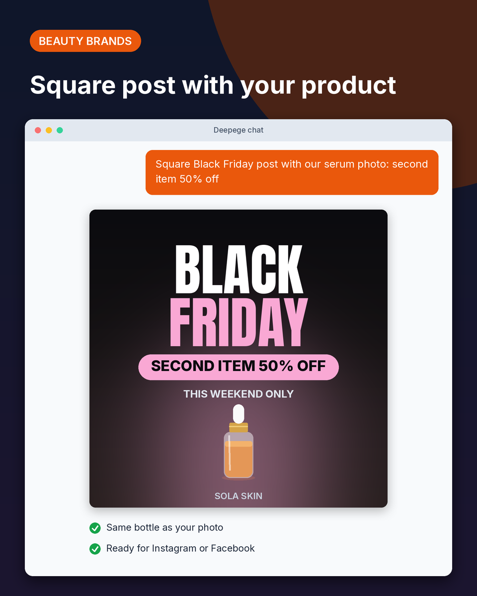 Beauty brand example: a square Black Friday post with a serum bottle and a second item 50% off offer