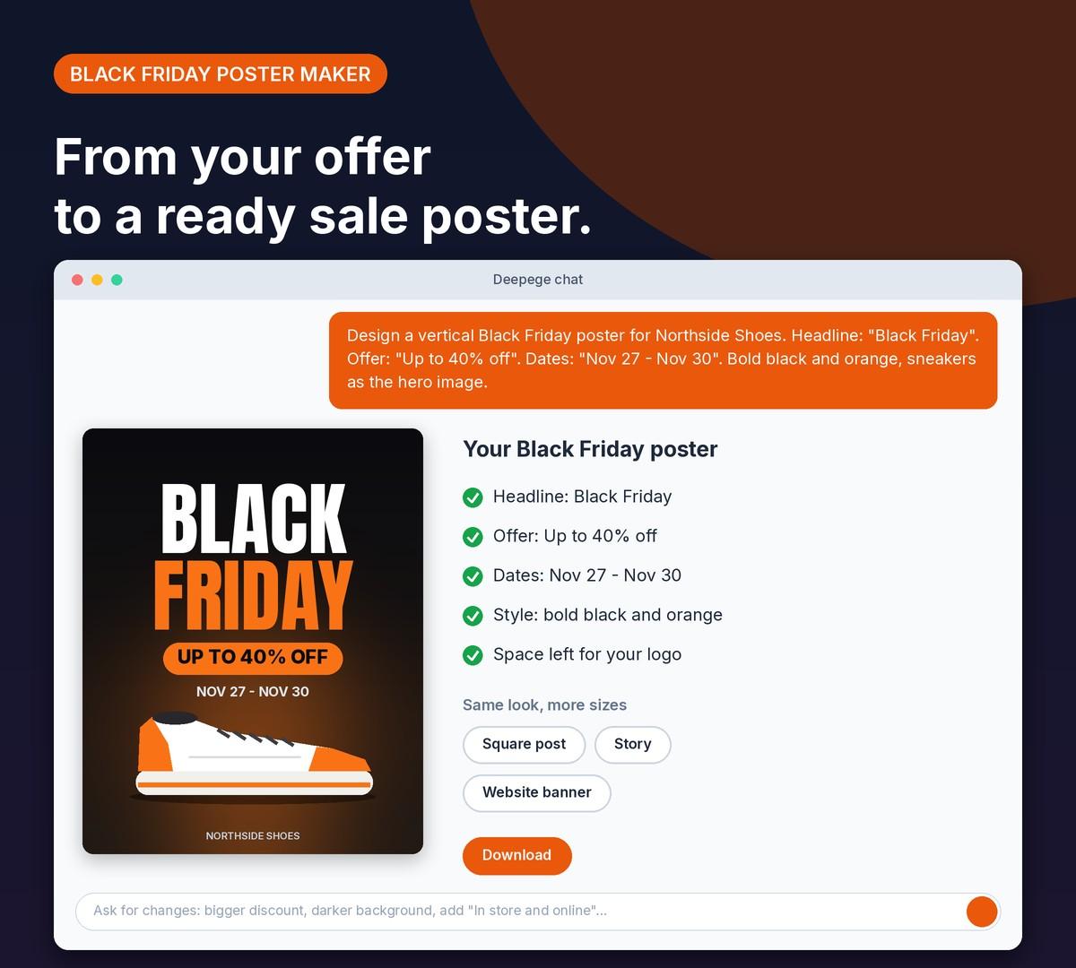 Deepege chat mockup: a Black Friday request for a shoe store and a vertical poster with up to 40% off and the sale dates