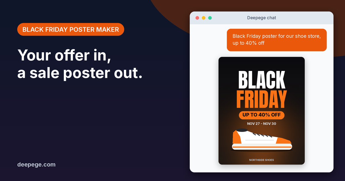 Deepege chat mockup: a Black Friday sale request and the finished black and orange poster for a shoe store