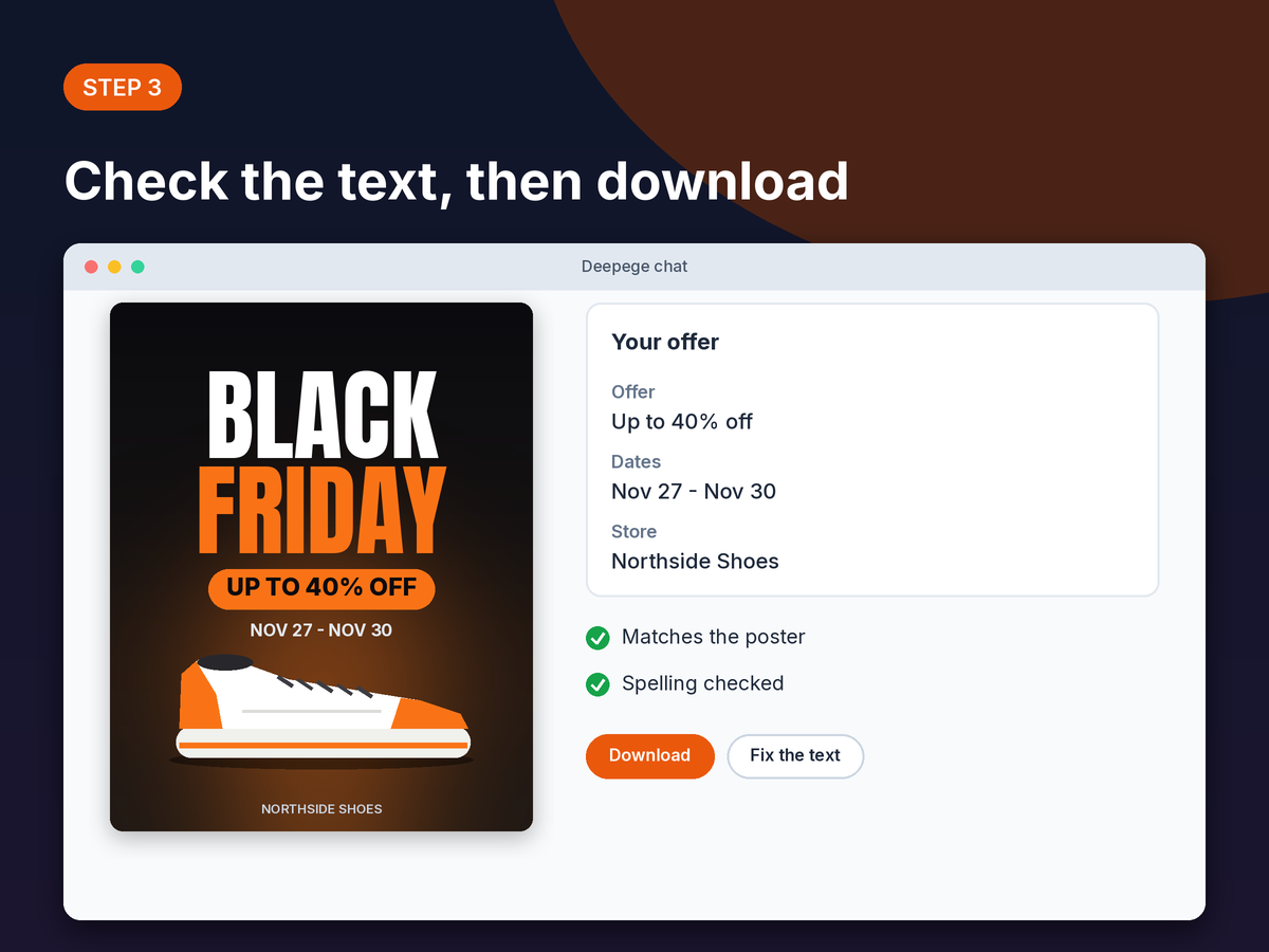 Step 3 mockup: a checklist for the offer and dates next to the final poster with a download button