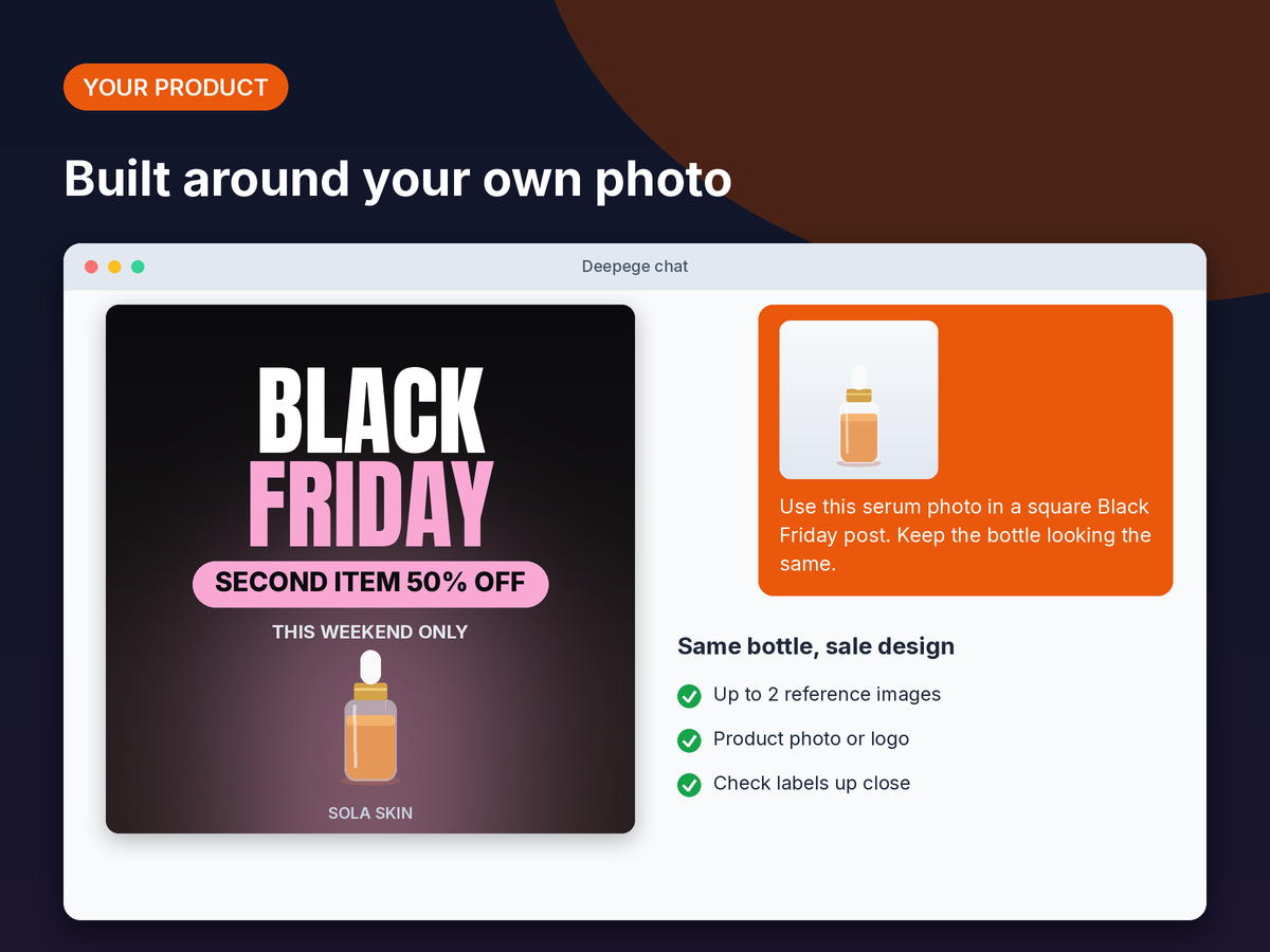 Mockup: a serum bottle photo attached in the chat and a square Black Friday post built around the same bottle