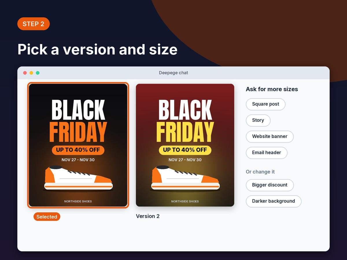 Step 2 mockup: two Black Friday poster versions and buttons to ask for a square post, a story or a banner