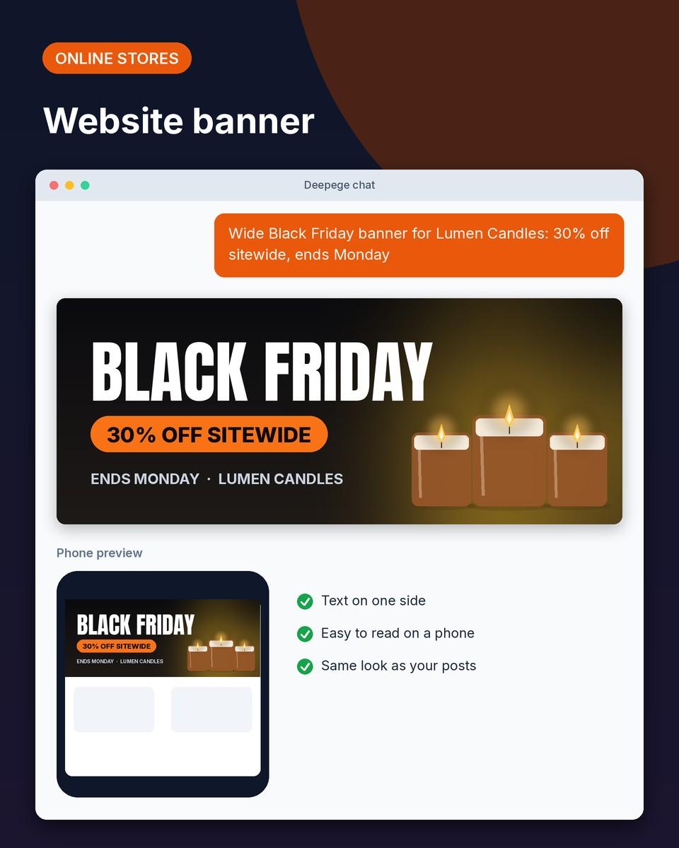 Online store example: a wide Black Friday website banner for a candle shop with 30% off sitewide