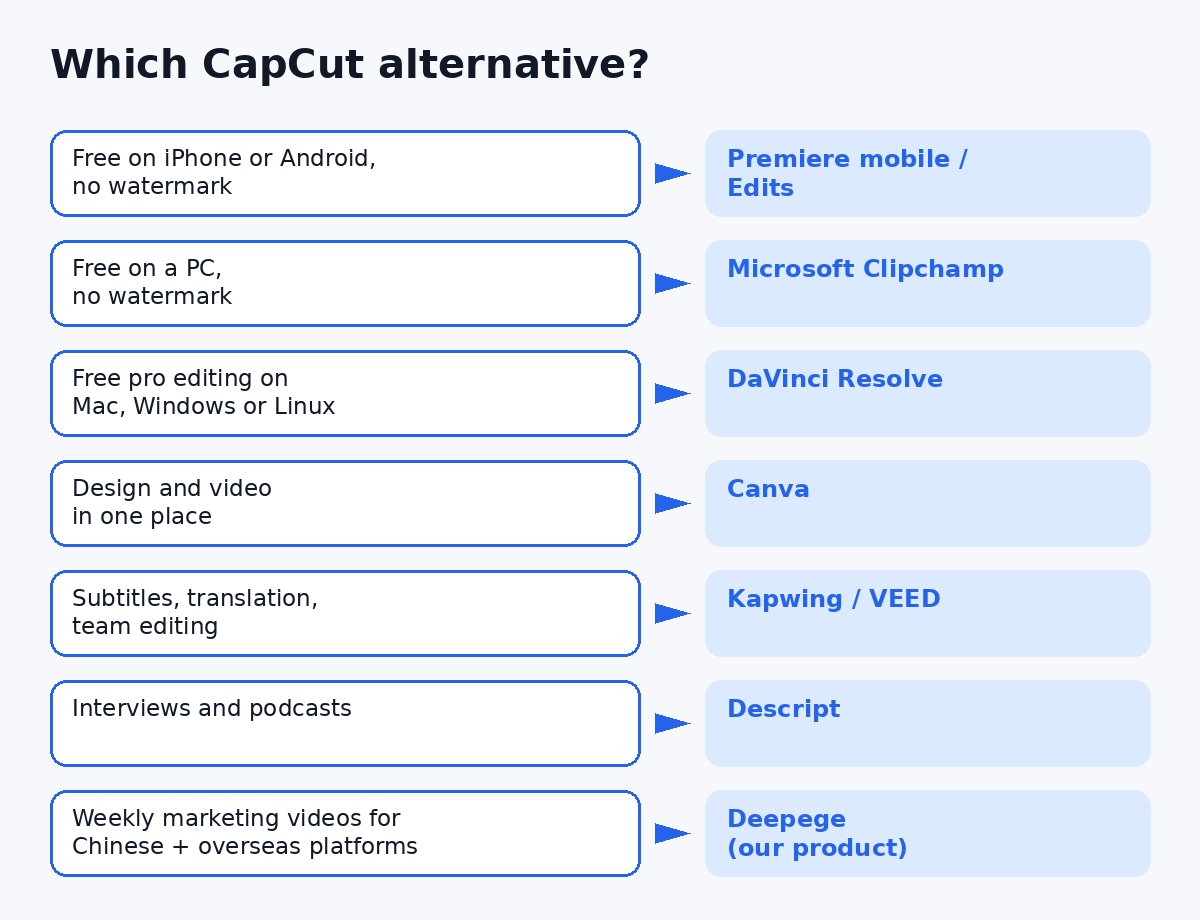 Decision guide: which CapCut alternative to pick for phone, PC, Mac or Linux, browser, subtitles or marketing teams