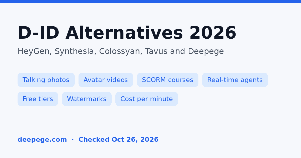 D-ID alternatives cover: HeyGen, Synthesia, Colossyan, Tavus and Deepege compared on free tiers and cost per minute
