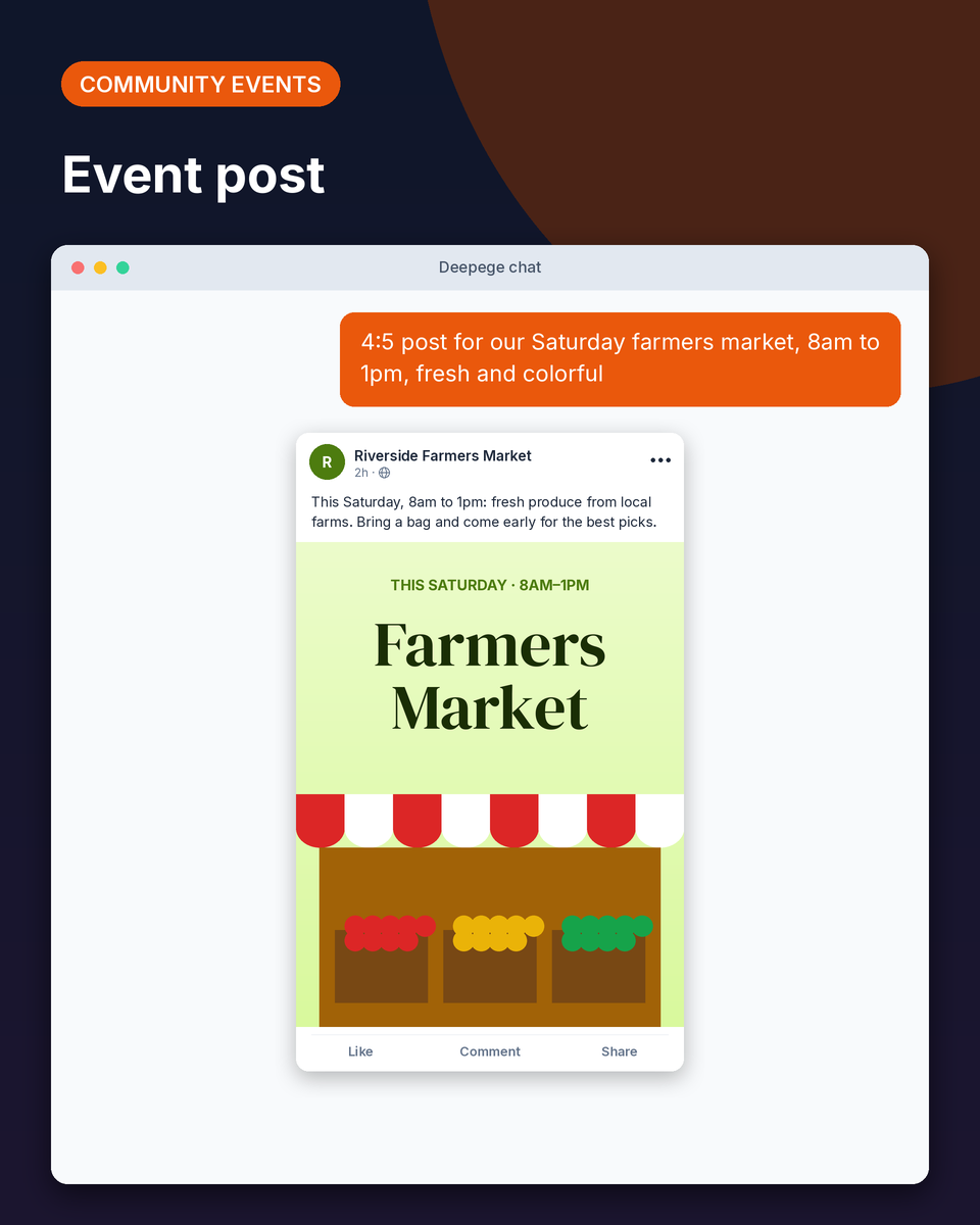 Community event example: a Facebook post for a Saturday farmers market, 8am to 1pm, with produce stalls