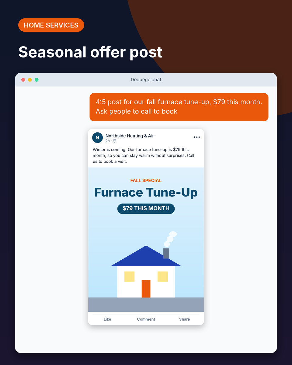 Home services example: a Facebook post for a $79 fall furnace tune-up with a house illustration