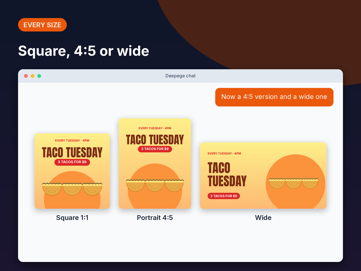 Mockup: the same Taco Tuesday design as a square post, a 4:5 portrait post and a wide image