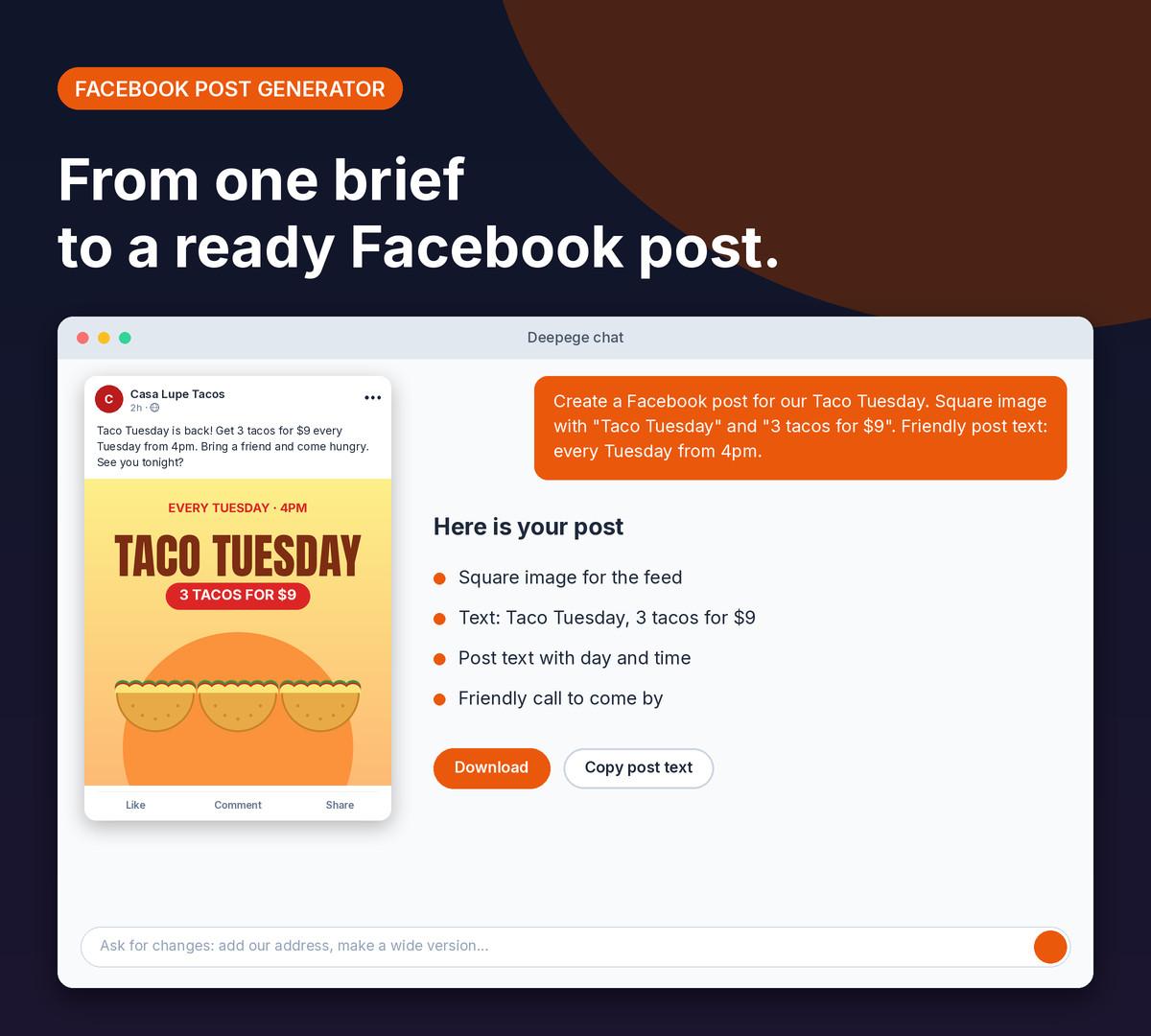 Deepege chat mockup: a Taco Tuesday request and the finished Facebook post with friendly text and a 3 for $9 image