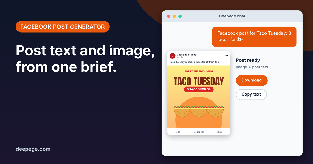 Deepege chat mockup: a Taco Tuesday brief turned into a Facebook post with post text and a square image