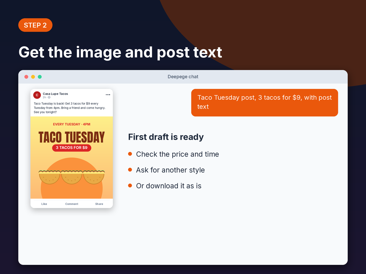 Step 2 mockup: the Taco Tuesday Facebook post returned in chat with its post text and tips to check it