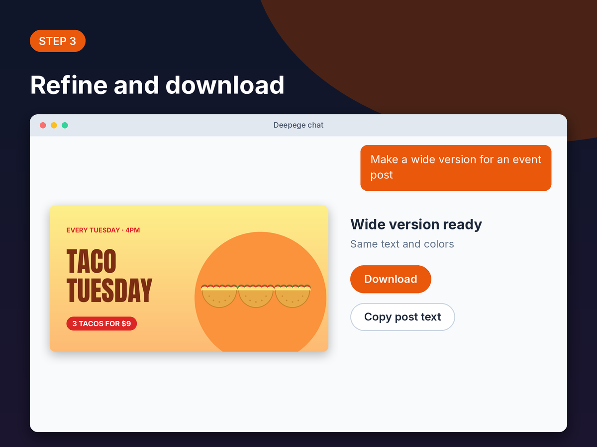 Step 3 mockup: a wide version of the Taco Tuesday image with Download and Copy post text buttons